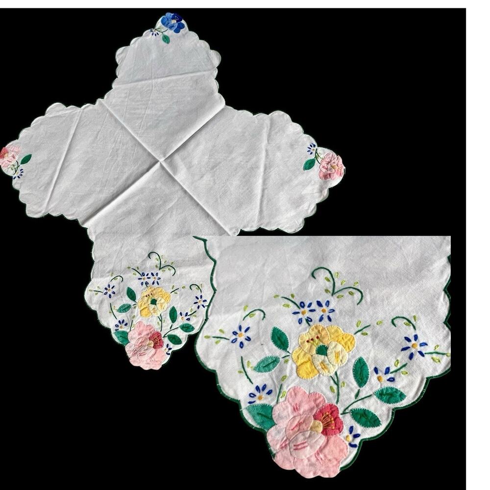 Vintage Bread Basket Liner Hand Embroidered Appliqué Flowers Linen Cottagecore